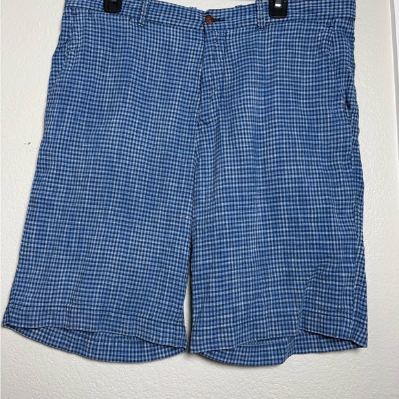 Tommy Bahama Men Gingham Check Blue Flat Front Casual Shorts. Linen/Silk Blend. - Picture 1 of 11
